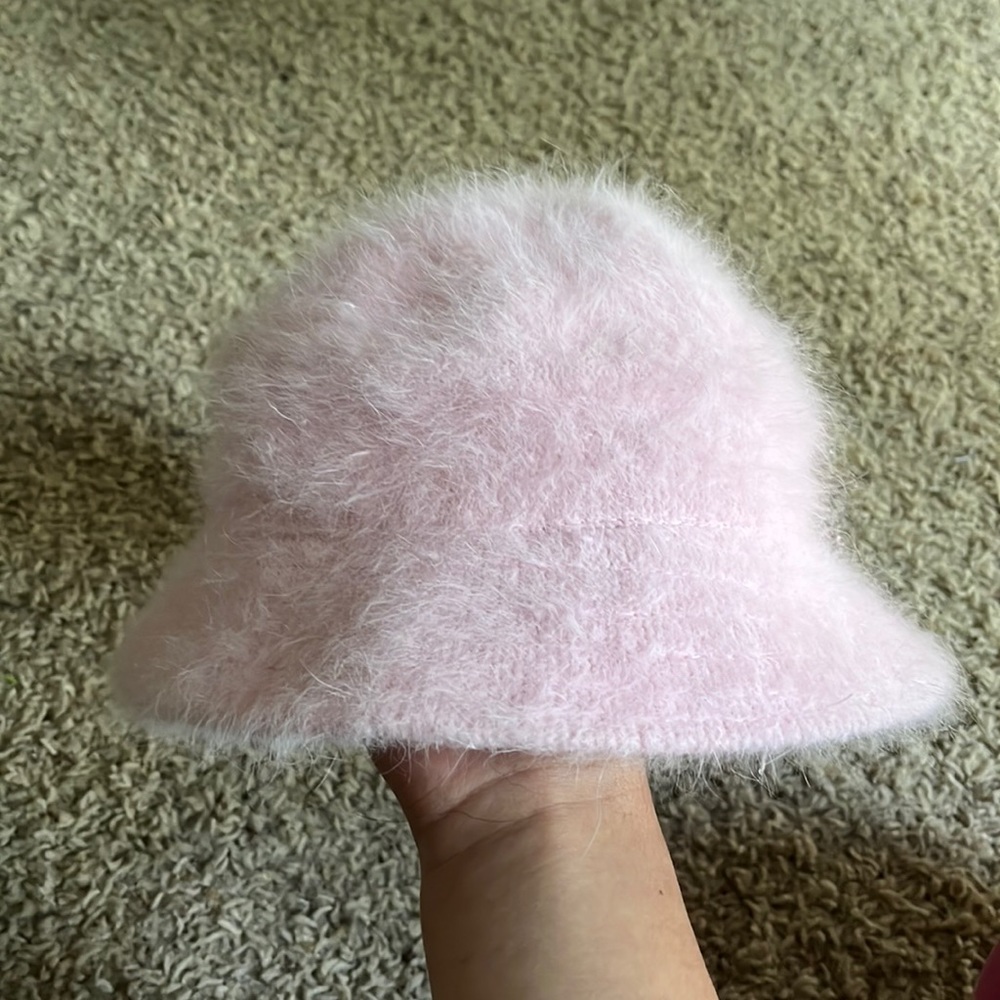 A fluffy pink bucket hat